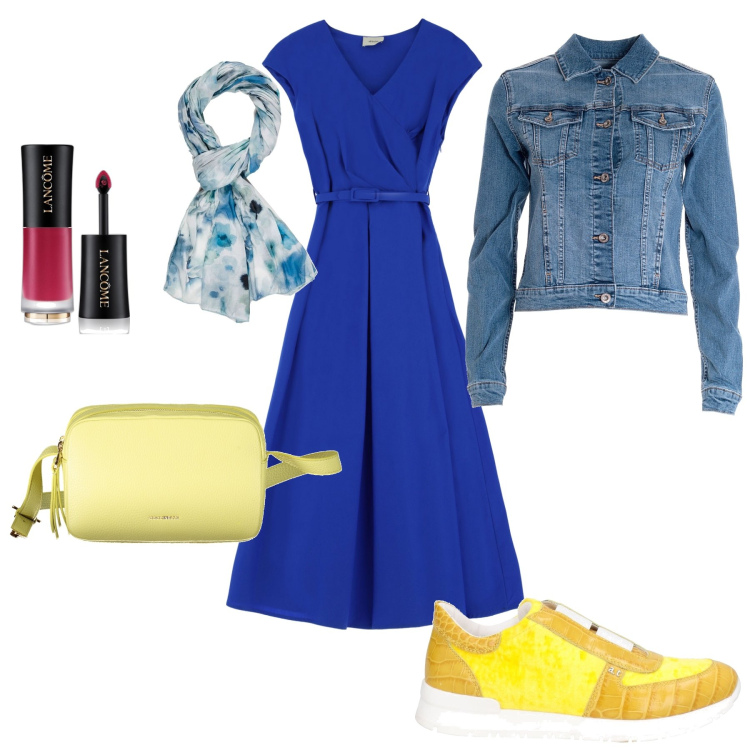 Outfit donna - Contrasti primaverili. Stile Casual per Tutti i giorni. Abbinamento con sneakers, rossetti, giacche, vestiti lunghi, sciarpe, borse a tracolla.