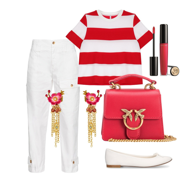 Outfit donna - Ghost outfitter - aprile. Stile Casual chic per Tutti i giorni. Abbinamento con orecchini, gloss, borse a tracolla, pantaloni cargo, t-shirt, ballerine.