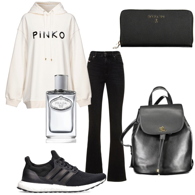 Outfit donna - Total look #1864644. Stile Casual per Tutti i giorni. Abbinamento con profumi, felpe con cappuccio, sneakers, jeans dritti, zaini, portafogli.