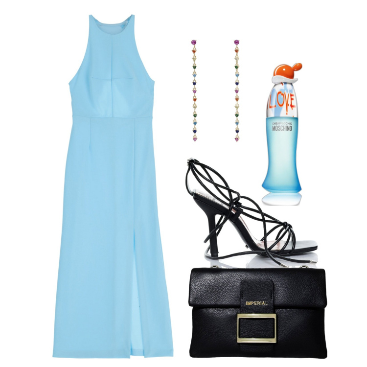 Outfit donna - Matrimonio estivo. Stile Glamour per Cerimonia. Abbinamento con profumi, orecchini, sandali alla schiava, vestiti midi/longuette, pochette.