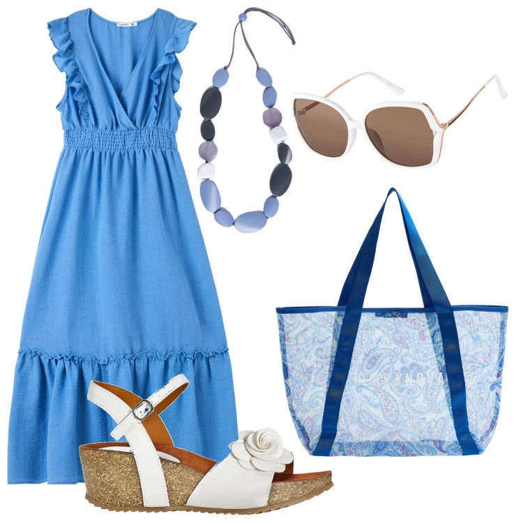 Outfit donna - Bella d\'estate. Stile Romantica per Tutti i giorni. Abbinamento con sandali, occhiali da sole, vestiti lunghi, shopping bag, collane.