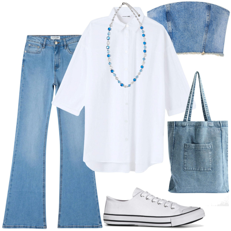 Outfit donna - La camicia bianca. Stile Casual per Tutti i giorni. Abbinamento con scarpe sportive, top, camicie, jeans a zampa, shopping bag, collane.