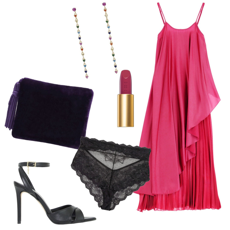 Outfit donna - Serata di gala. Stile Glamour per Serata fuori. Abbinamento con culotte, rossetti, orecchini, décolleté, vestiti lunghi, pochette.