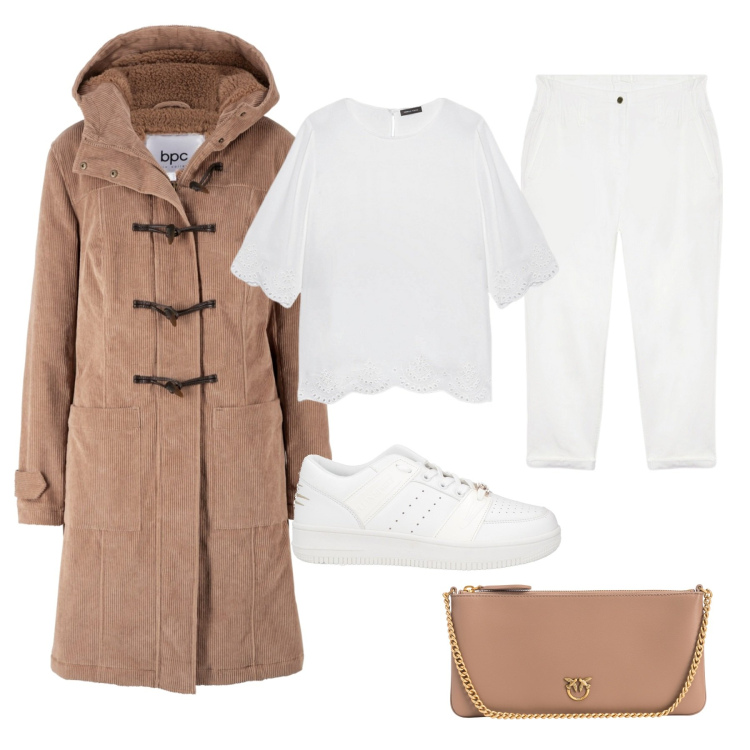 Outfit donna - Bianco e marrone. Stile Minimal per Tutti i giorni. Abbinamento con montgomery, sneakers, borse a tracolla, bluse, pantaloni.