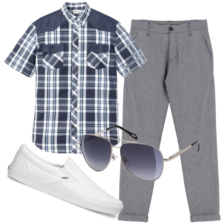 Outfit uomo - Primaverile a quadri. Stile Casual per Ufficio. Abbinamento con camicie a manica corta, pantaloni, occhiali da sole, sneakers.