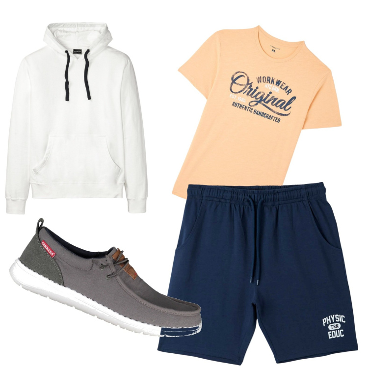 Outfit uomo - Total look #1864698. Stile Biker Rock per Sport. Abbinamento con felpe con cappuccio, t-shirt, pantaloni corti, scarpe stringate.