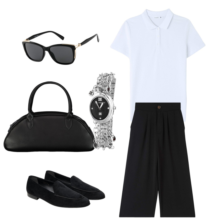 Outfit donna - La semplicità non è fuori moda. Stile Minimal per Tutti i giorni. Abbinamento con occhiali da sole, orologi, pantaloni a palazzo, polo, mocassini, borse a spalla.