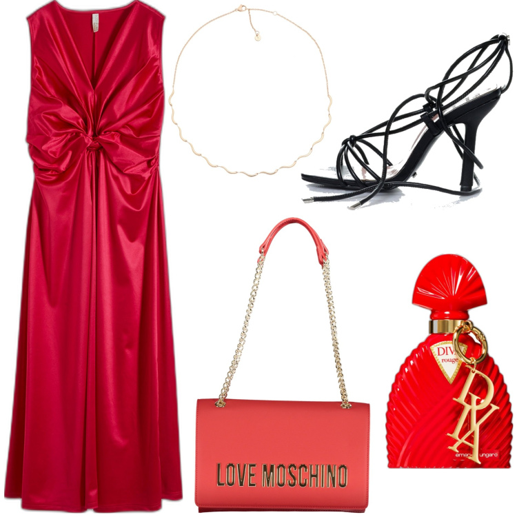 Outfit donna - Cerimonia in rosso. Stile Chic per Cerimonia. Abbinamento con vestiti, collane, profumi, sandali alla schiava, borse a tracolla.