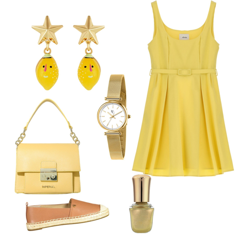 Outfit donna - Giallo come il sole. Stile Bon Ton per Tutti i giorni. Abbinamento con orecchini, orologi, smalti, pochette, vestiti corti, ballerine.