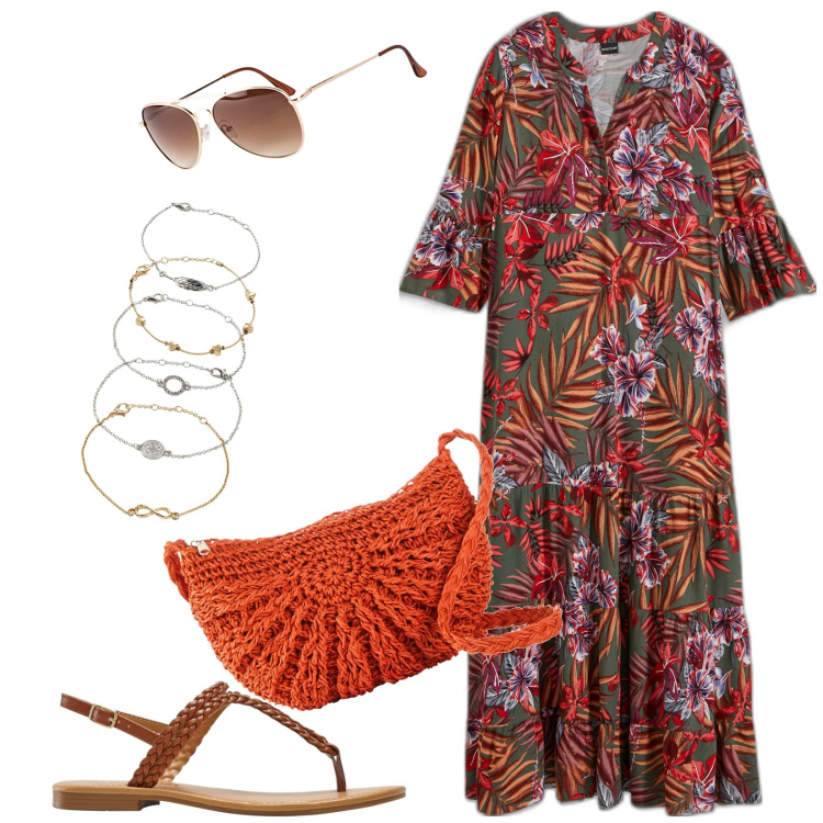 Outfit donna - Estate Bonprix. Stile Casual per Tutti i giorni. look ideale per Tall. Abbinamento con vestiti lunghi, occhiali da sole, braccialetti con ciondoli, borse a tracolla, ciabatte.