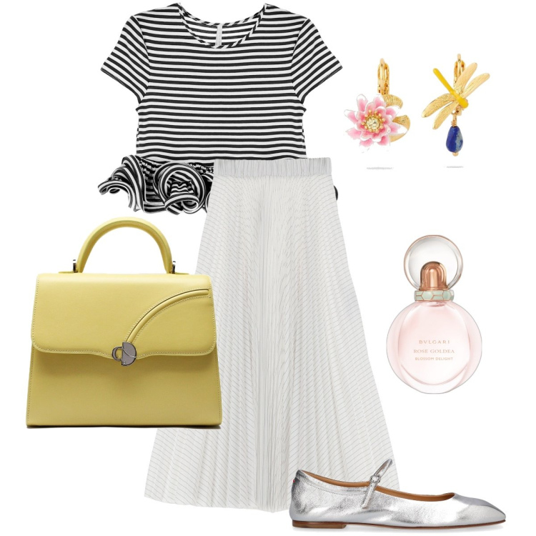 Outfit donna - Aria di primavera. Stile Bon Ton per Ufficio. Abbinamento con orecchini, profumi, gonne longuette, t-shirt, ballerine, borse a mano.