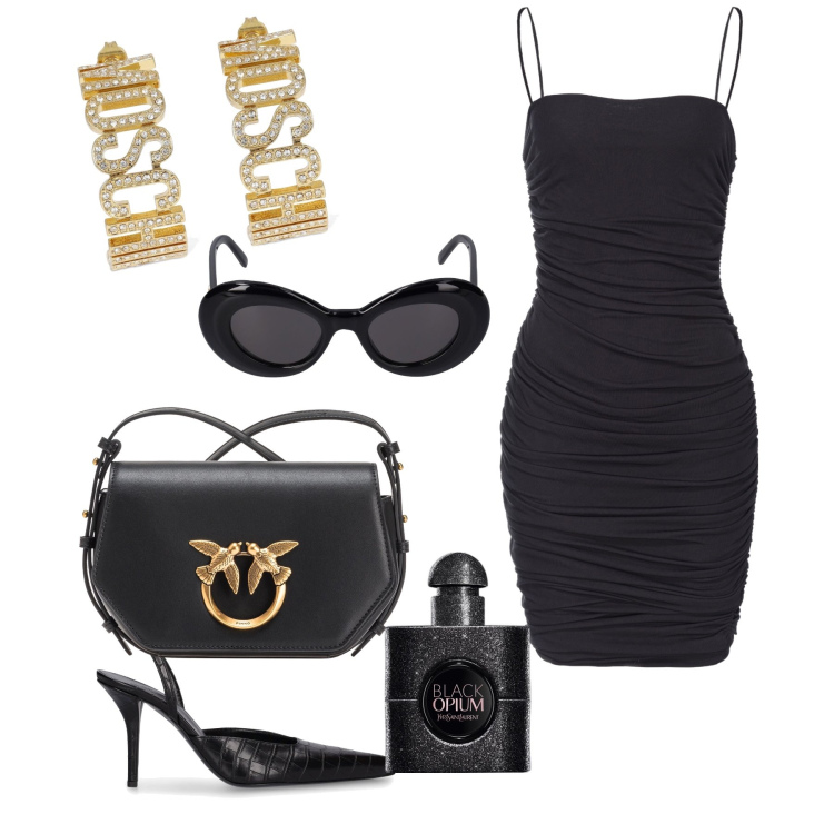 Outfit donna - Il look parte dagli orecchini. Stile Sexy per Serata fuori. Abbinamento con profumi, vestiti asimmetrici, borse a tracolla, orecchini, décolleté, occhiali da sole.