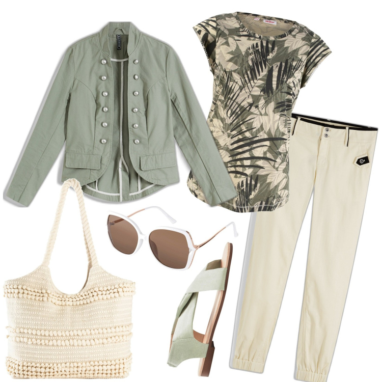 Outfit donna - Bonprix estate. Stile Casual per Tutti i giorni. Abbinamento con maglieria, pantaloni, blazer, sandali, shopping bag, occhiali da sole.