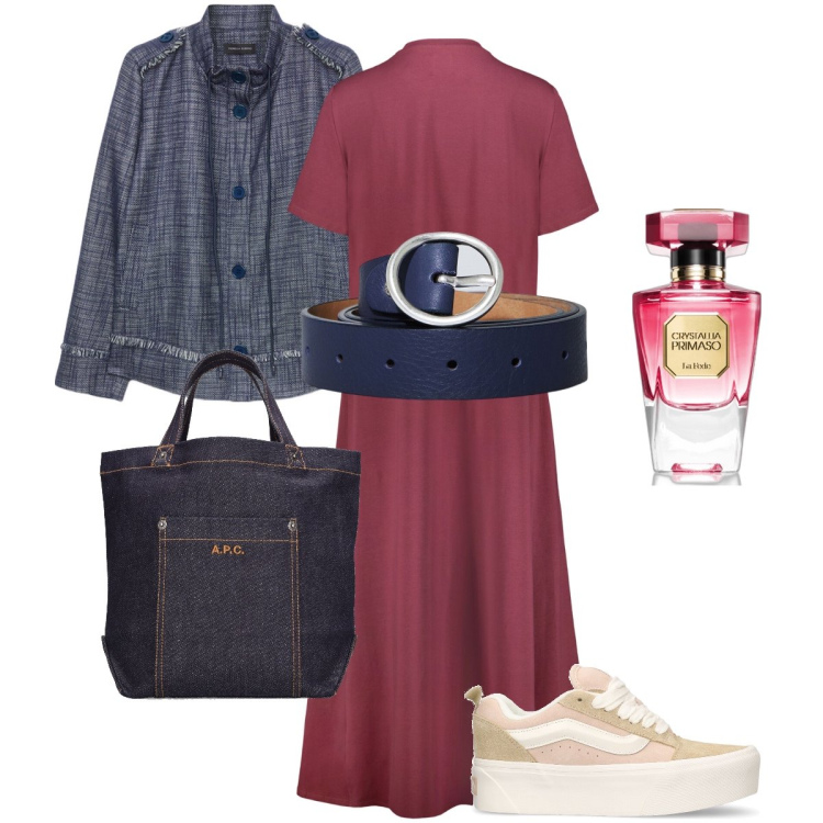Outfit donna - L’abito midi. Stile Casual chic per Tutti i giorni. Abbinamento con profumi, cinture, vestiti midi/longuette, blazer, shopping bag, sneakers.