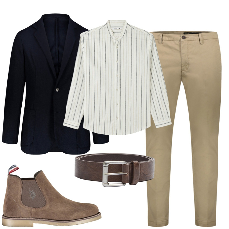 Outfit uomo - City. Stile Business/Elegante per Tutti i giorni. Abbinamento con camicie, cinture, pantaloni chino, giacche, stivali.