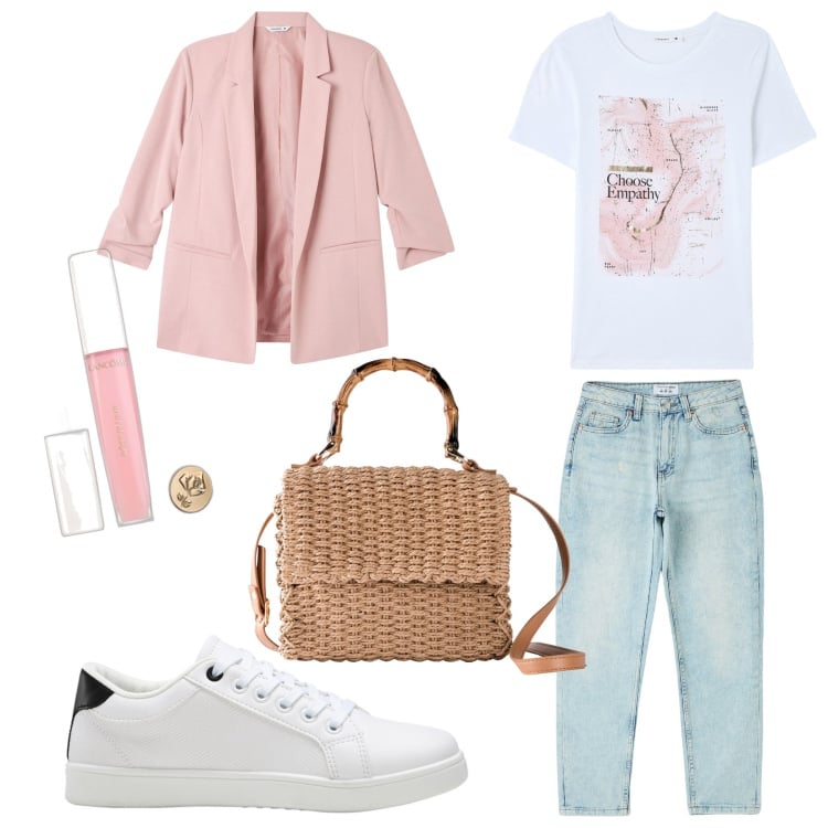 Outfit donna - Rosa e bianco in primavera. Stile Casual chic per Tutti i giorni. Abbinamento con borse a mano, sneakers, gloss, jeans mom, t-shirt, blazer.