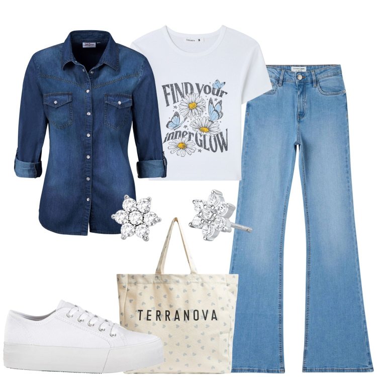 Outfit donna - City. Stile Casual per Tutti i giorni. Abbinamento con camicie, sneakers, jeans a zampa, t-shirt, shopping bag, orecchini.