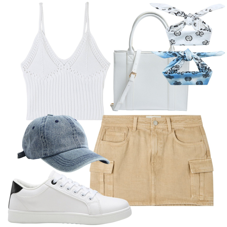 Outfit donna - City. Stile Urban per Tutti i giorni. Abbinamento con sneakers, minigonne, top, cappelli, fasce per capelli, shopping bag.