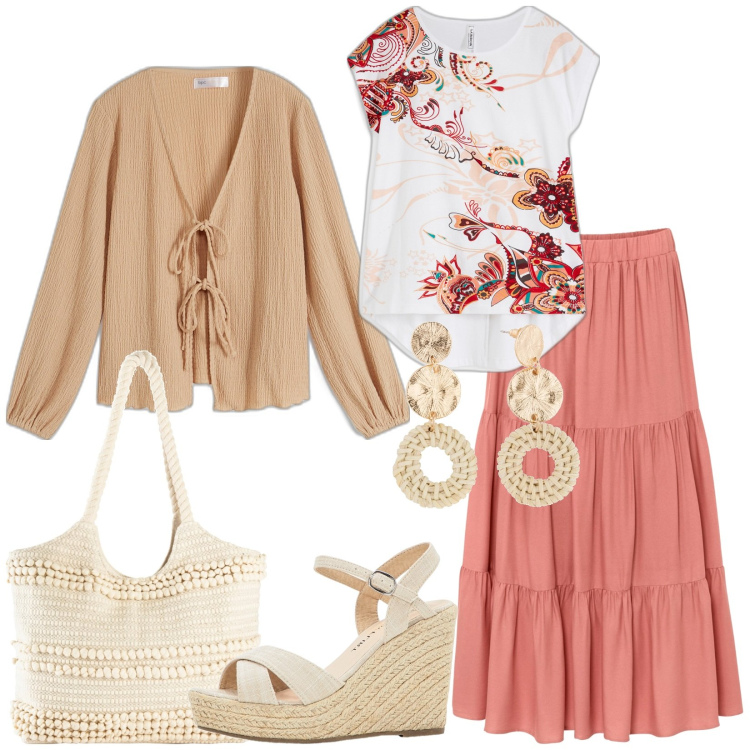 Outfit donna - Bonprix. Stile Casual chic per Tutti i giorni. look ideale per Tall. Abbinamento con gonne longuette, sandali, maglieria, cardigans, orecchini, shopping bag.