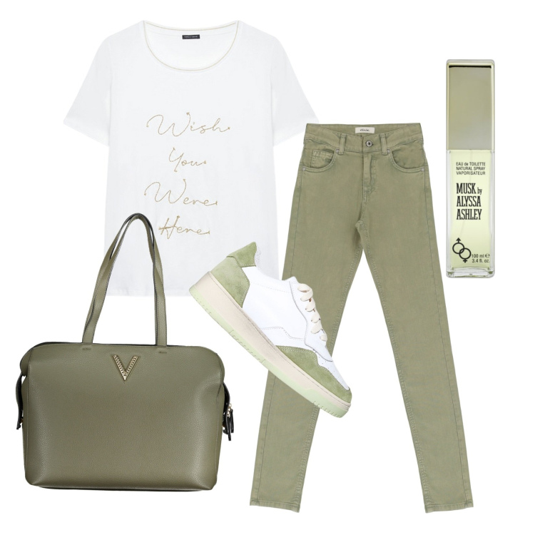 Outfit donna - Color salvia in primavera. Stile Basic per Tutti i giorni. Abbinamento con profumi, sneakers, pantaloni, t-shirt, borse a spalla.