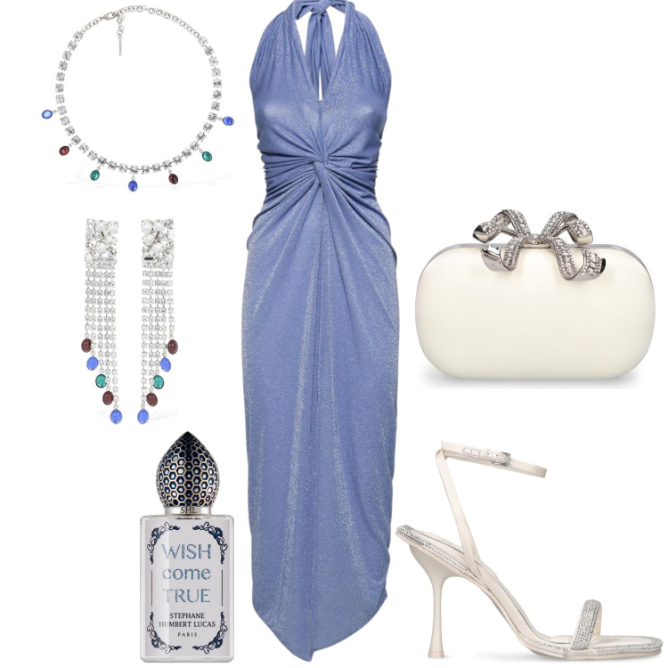 Outfit donna - Gioielli glam Alessandra Rich. Stile Sexy per Serata fuori. Abbinamento con profumi, orecchini, vestiti, collane, sandali in pelle, pochette.