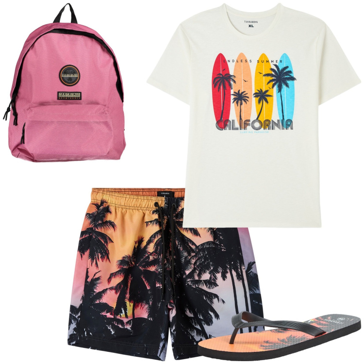 Outfit uomo - Surf in California. Stile Casual per Mare. Abbinamento con sandali, t-shirt, bermuda, borse sportive.
