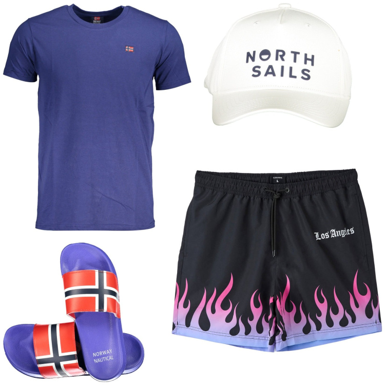 Outfit uomo - Fuego en las venas. Stile Casual per Tutti i giorni. Abbinamento con bermuda, t-shirt, sandali, cappelli con visiera.