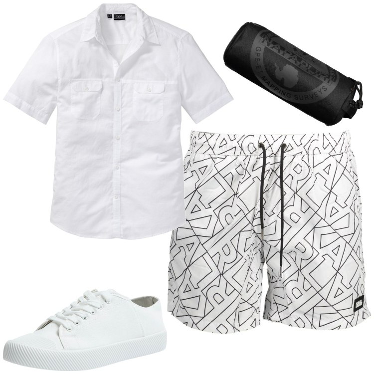 Outfit uomo - Vacanza a Tenerife. Stile Casual per Mare. Abbinamento con camicie a manica corta, sneakers, bermuda, costumi, borse sportive.