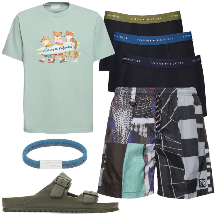 Outfit uomo - Voglia di caldo. Stile Casual per Tutti i giorni. Abbinamento con braccialetti, slip, t-shirt, shorts, sandali.