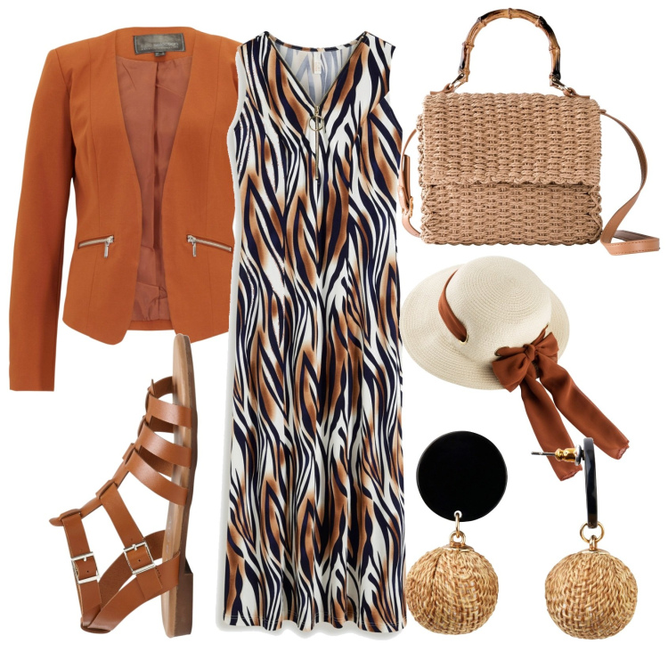 Outfit donna - Turista marittima. Stile Etnico per Tutti i giorni. Abbinamento con orecchini, cappelli, vestiti, blazer, borse a mano, sandali.