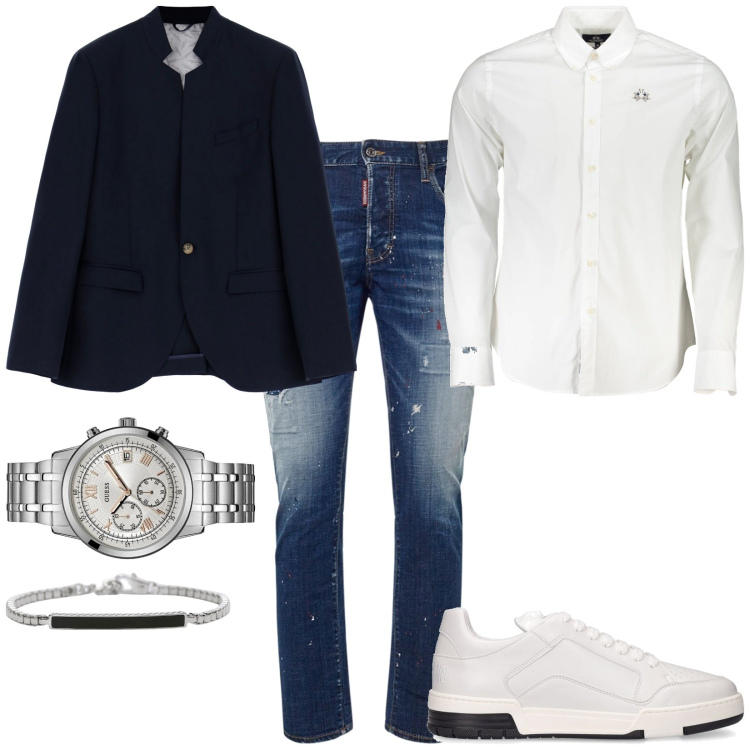 Outfit uomo - Giacca formale e sneakers. Stile Casual per Ufficio. Abbinamento con braccialetti, giacche, orologi, jeans, camicie, sneakers.