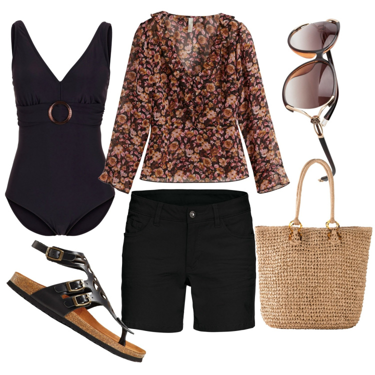 Outfit donna - Aperitivo sulla spiaggia. Stile Romantica per Mare. Abbinamento con costumi interi, occhiali da sole, bluse, shorts, sandali in pelle, shopping bag.