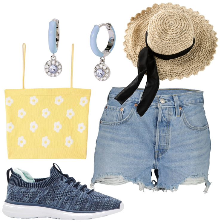 Outfit donna - Voglia d\'estate con il top giallo. Stile Casual per Tutti i giorni. Abbinamento con cappelli, sneakers, top, orecchini, jeans strappati.