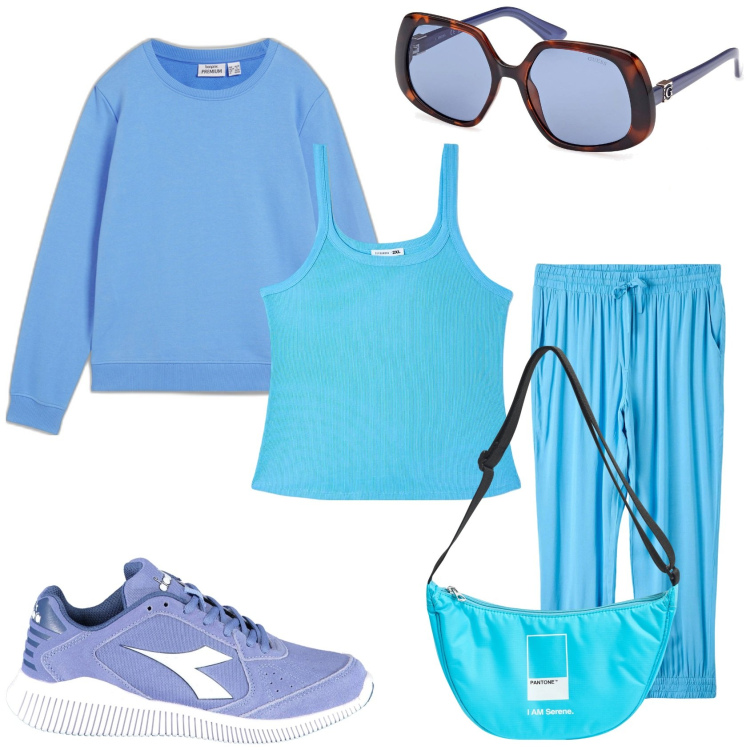 Outfit donna - Giornata di spensierata. Stile Sporty chic per Tutti i giorni. Abbinamento con felpe, marsupi, pantaloni, top, scarpe sportive, occhiali da sole.