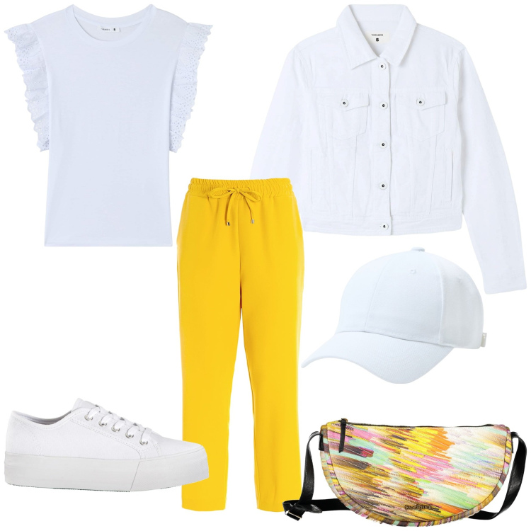Outfit donna - Urban-Trendy. Stile Urban per Tutti i giorni. Abbinamento con sneakers, cappelli, t-shirt, blazer, pantaloni, borse a tracolla.