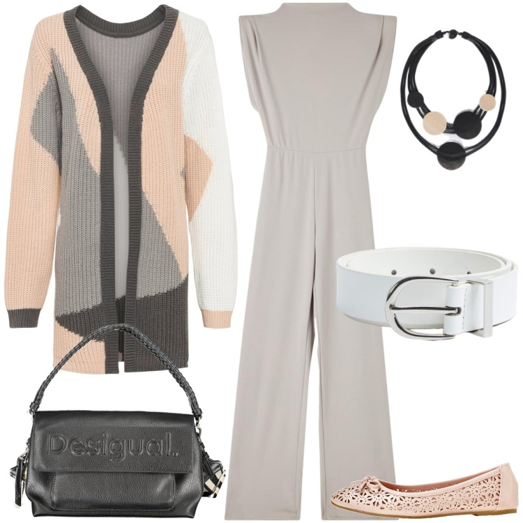 Outfit donna - In tuta. Stile Casual per Tutti i giorni. Abbinamento con ballerine, cardigans, tute, cinture, borse a spalla, collane.