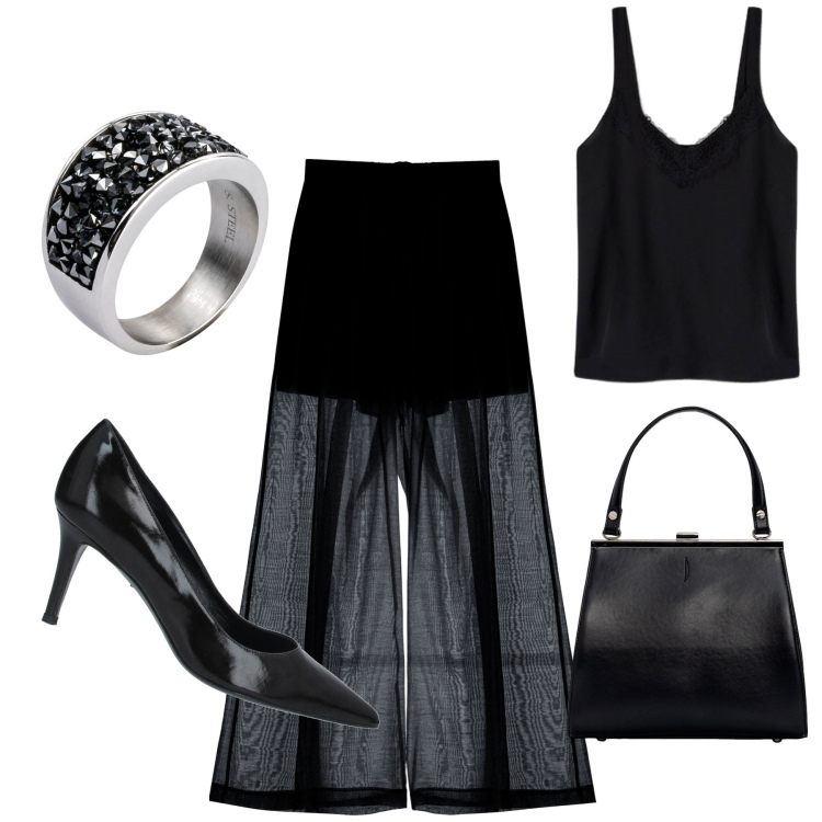Outfit donna - Nero di sera. Stile Sexy per Serata fuori. Abbinamento con anelli, décolleté, pantaloni, clutch, top.