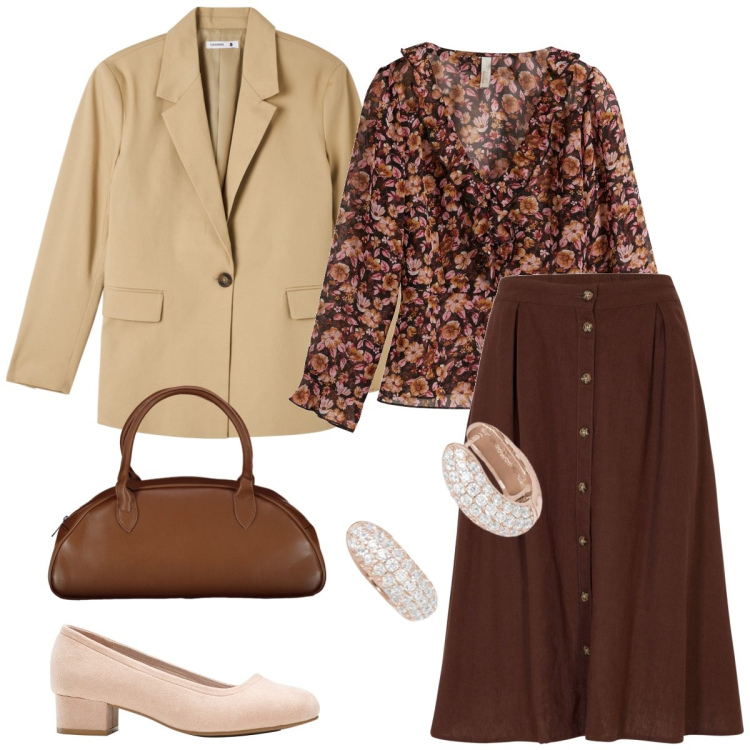 Outfit donna - In campagna. Stile Romantica per Tutti i giorni. Abbinamento con décolleté, bluse, gonne longuette, blazer, orecchini, borse a spalla.