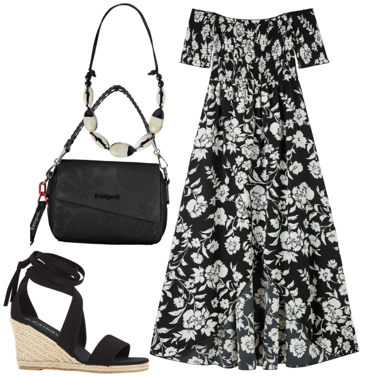 Outfit donna - City. Stile Urban per Tutti i giorni. Abbinamento con sandali, vestiti lunghi, borse a spalla, collane.