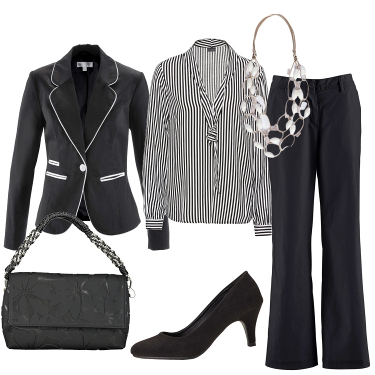 Outfit donna - Black and White. Stile Chic per Cerimonia. Abbinamento con pantaloni, décolleté, blazer, bluse, borse a spalla, collane.