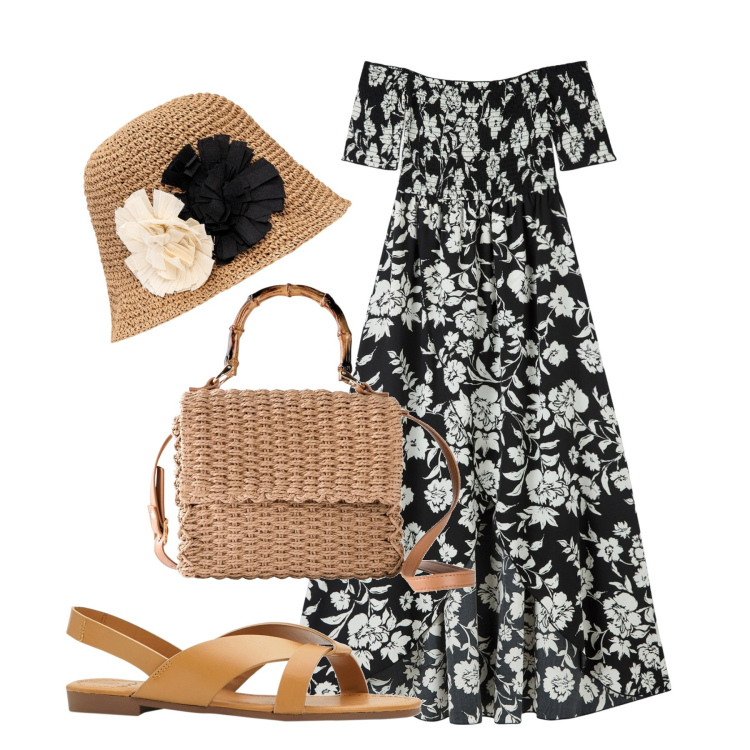 Outfit donna - In vacanza. Stile Romantica per Tutti i giorni. Abbinamento con sandali, borse a mano, vestiti lunghi, cappelli.