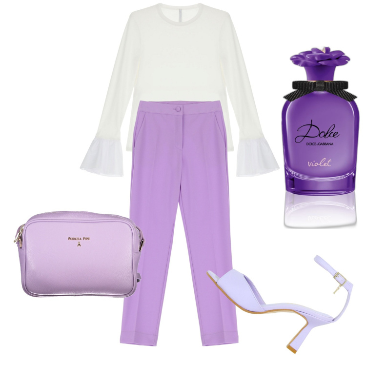 Outfit donna - Violetto. Stile Glamour per Serata fuori. Abbinamento con profumi, t-shirt, décolleté, pantaloni, borse a tracolla.
