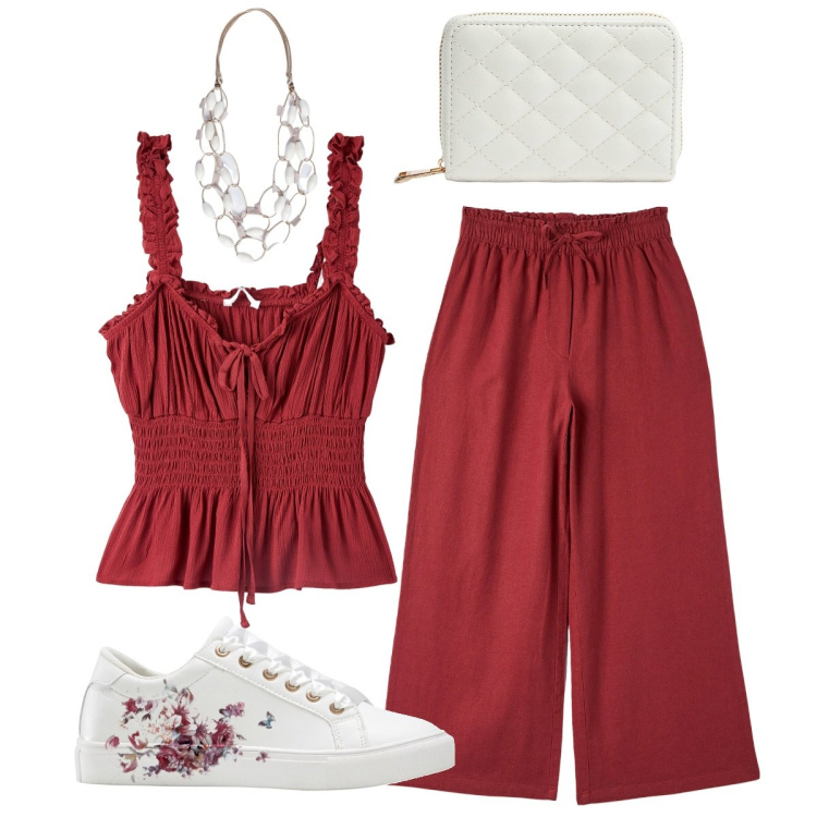 Outfit donna - Bouquet bordeaux. Stile Casual chic per Tutti i giorni. Abbinamento con sneakers, top, pantaloni, portafogli, collane.