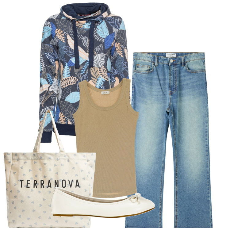 Outfit donna - La felpa. Stile Bon Ton per Tutti i giorni. Abbinamento con ballerine, felpe, jeans, shopping bag, top.
