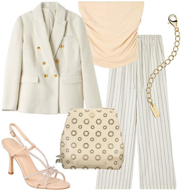 Outfit donna - Comunione. Stile Chic per Cerimonia. Abbinamento con pantaloni, top, blazer, sandali col tacco, collane, zaini.