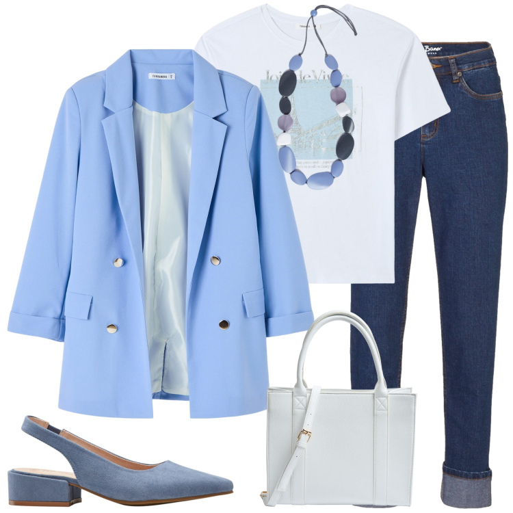Outfit donna - In ufficio. Stile Casual per Ufficio. Abbinamento con décolleté, jeans boyfriend, blazer, t-shirt, shopping bag, collane.