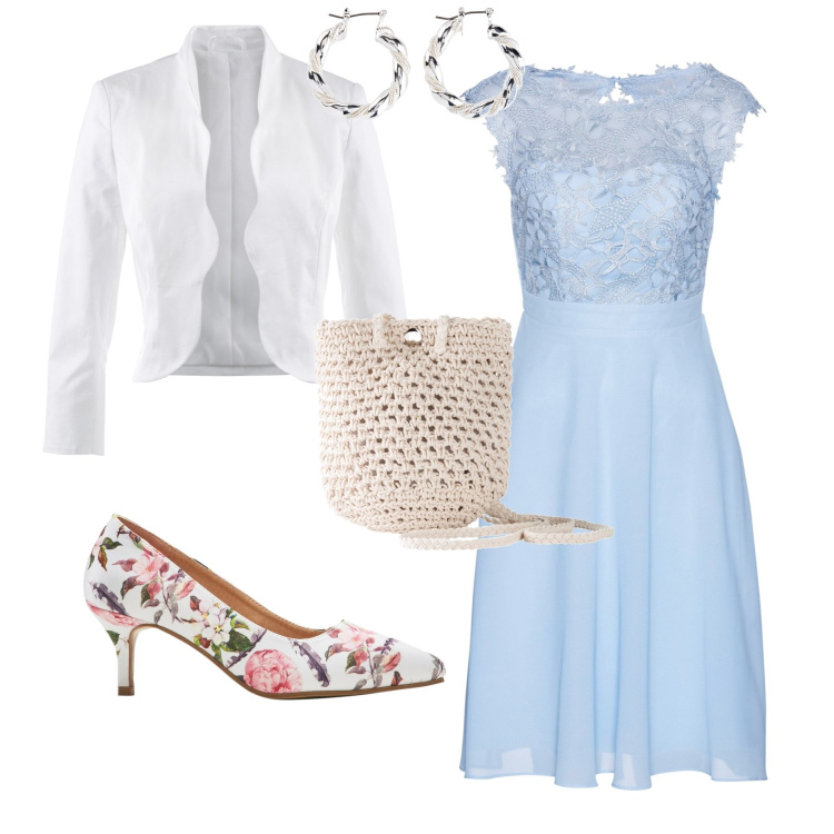 Outfit donna - Chic cerimonia evento. Stile Chic per Cerimonia. Abbinamento con blazer, orecchini, vestiti, décolleté, borse a tracolla.