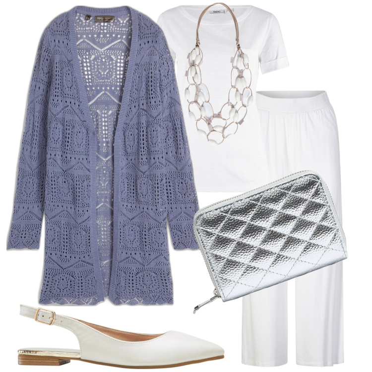 Outfit donna - Caffè con un amica. Stile Casual chic per Tutti i giorni. Abbinamento con cardigans, pantaloni, t-shirt, ballerine, portafogli, collane.
