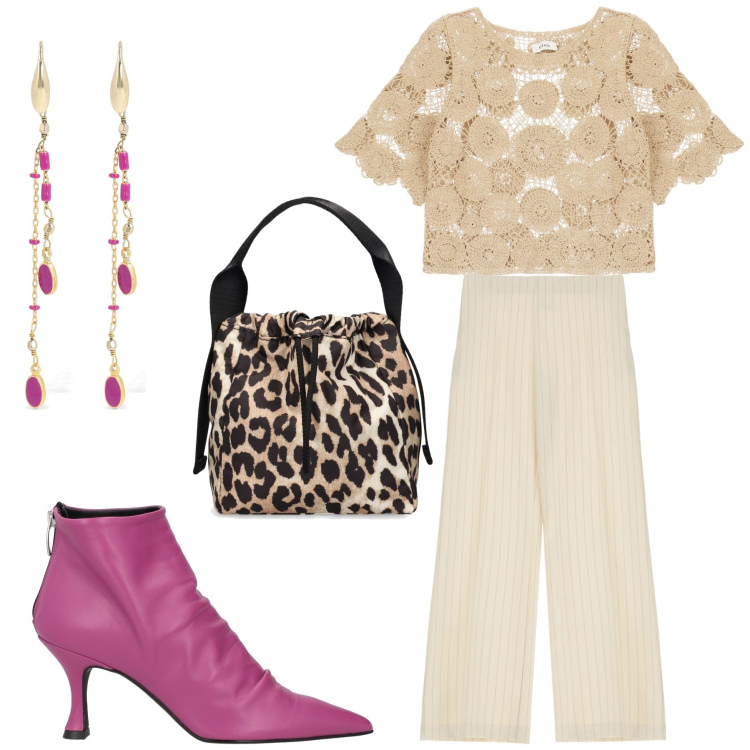 Outfit donna - A volte è bello osare. Stile Trendy per Cerimonia. Abbinamento con stivaletti, pantaloni, maglieria, orecchini, borse a mano.