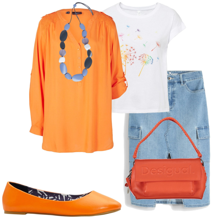Outfit donna - Un po\' di arancione. Stile Casual per Tutti i giorni. Abbinamento con t-shirt, tuniche, gonne, ballerine, borse a spalla, collane.